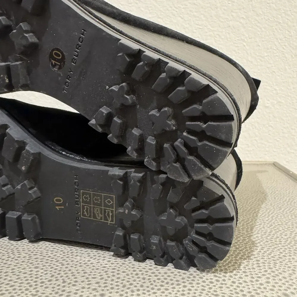 Tory Burch Logo 85mm Lug Sole Wedge Bootie Black Suede R$428 Size 10